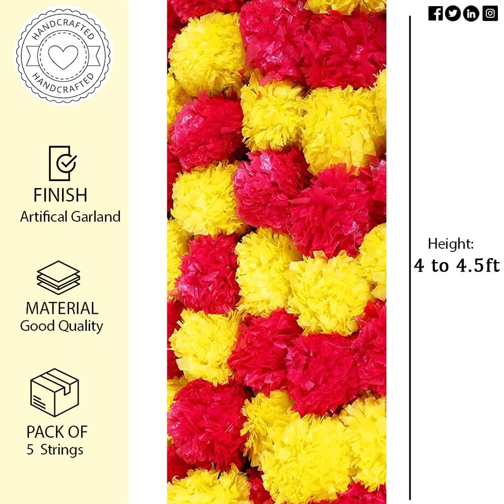 Artificial Marigold Garland for Decorations Pack of 5 - Marigold Flowers Garland for Christmas Wedding Christmas Tree New Year Ornaments (Light Yellow Red | 4 to 4.5ft) Hashcart®