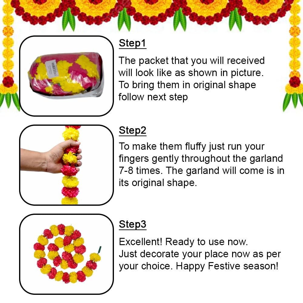 Artificial Marigold Garland for Decorations Pack of 5 - Marigold Flowers Garland for Christmas Wedding Christmas Tree New Year Ornaments (Light Yellow Red | 4 to 4.5ft) Hashcart®