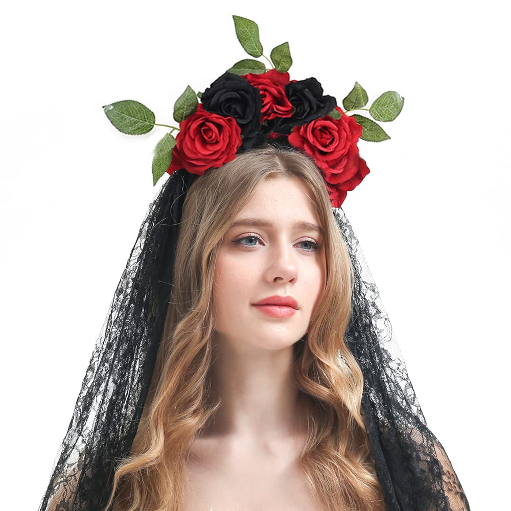 Bubbmi Mexican Rose Flower Crown Headband with Black Veil, Day of the Dead Headpiece, Halloween Festival Headwear, Dia De Los Muertos Hairhoop (Mexican F)