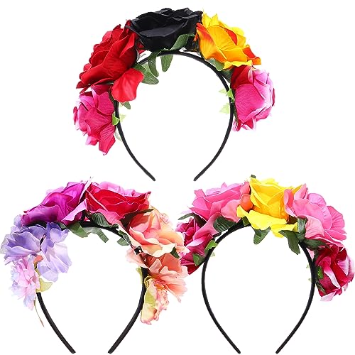 WILLBOND 3 Pcs Mexican Rose Flower Crown Headband Easter Mardi Gras Headpiece Cosplay Headgear for Party(Lovely Colors)