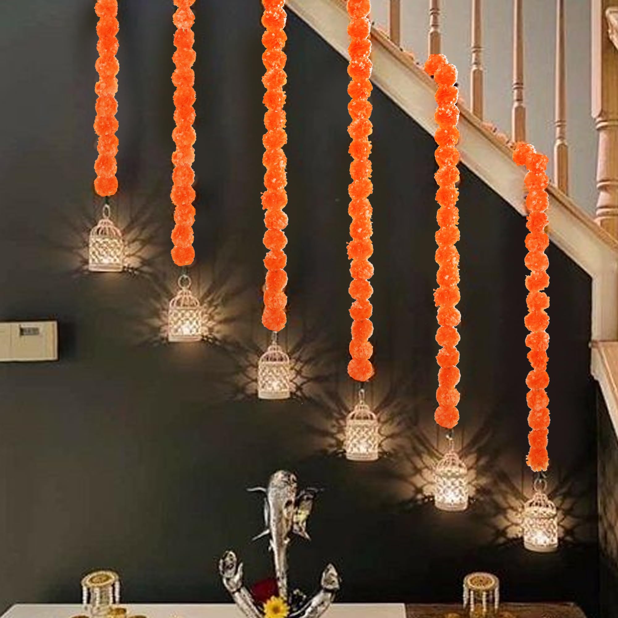 Trimgrace 5 Pcs Orange Marigold Garland 5FT for Thanksgiving Weddings Mantles and Diwali Decor - Faux Garlands for Party and Home Decoration Mexican Day of The Dead