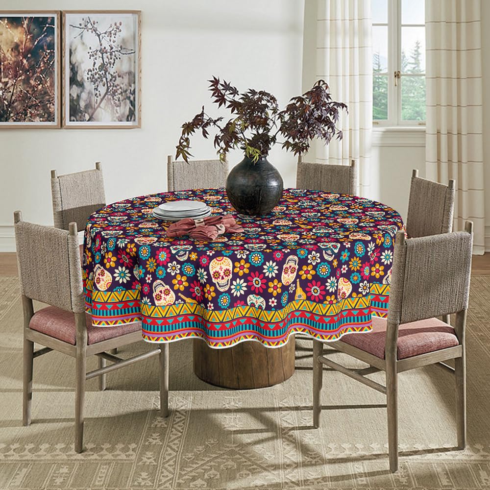 Horaldaily Dia de Muertos Tablecloth 70x70 Inch Round, Day of The Dead Mexico Sugar Skulls Washable Table Cover for Party Picnic Dinner Decor