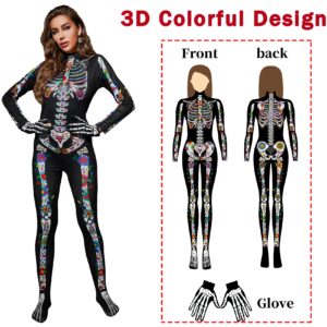 Joyful Start 3D Women'S Skeleton Costume Halloween Sugar Skull Costume Halloween Women Skeleton Bodysuit Jumpsuit Day Of The Dead Costumes L