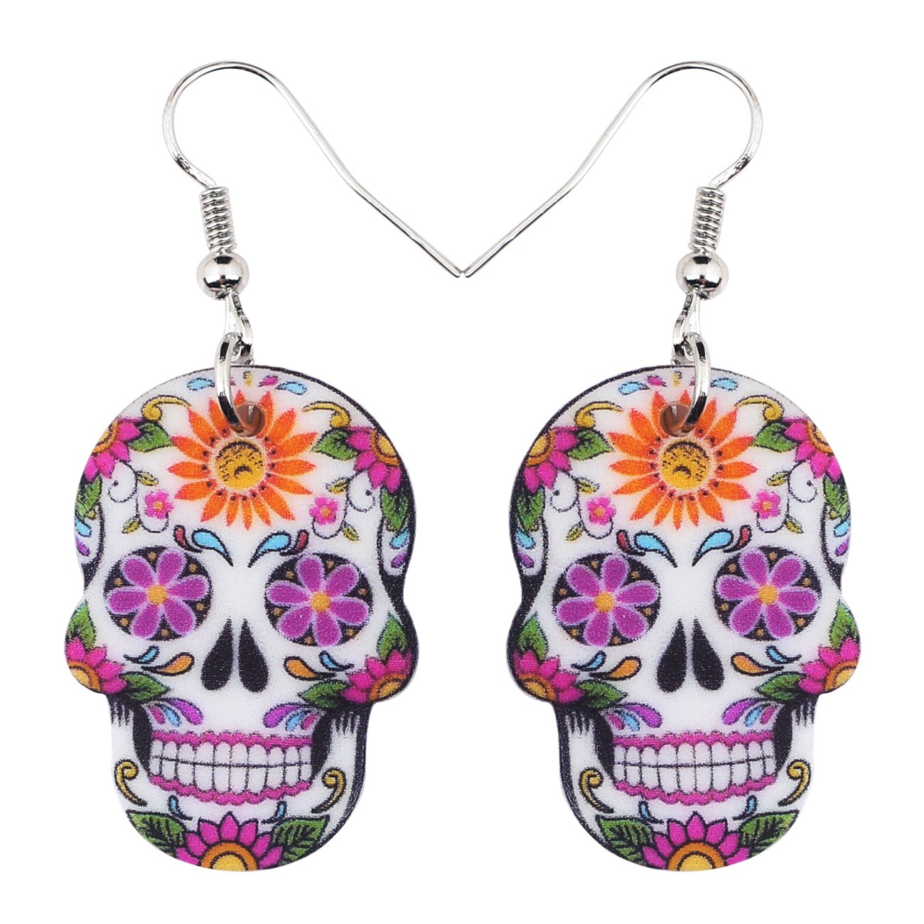 NEWEI Cute Halloween Sugar Skull Earrings Dangle Acrylic Skull Decor Gifts for Women Festival Charms (Purple)