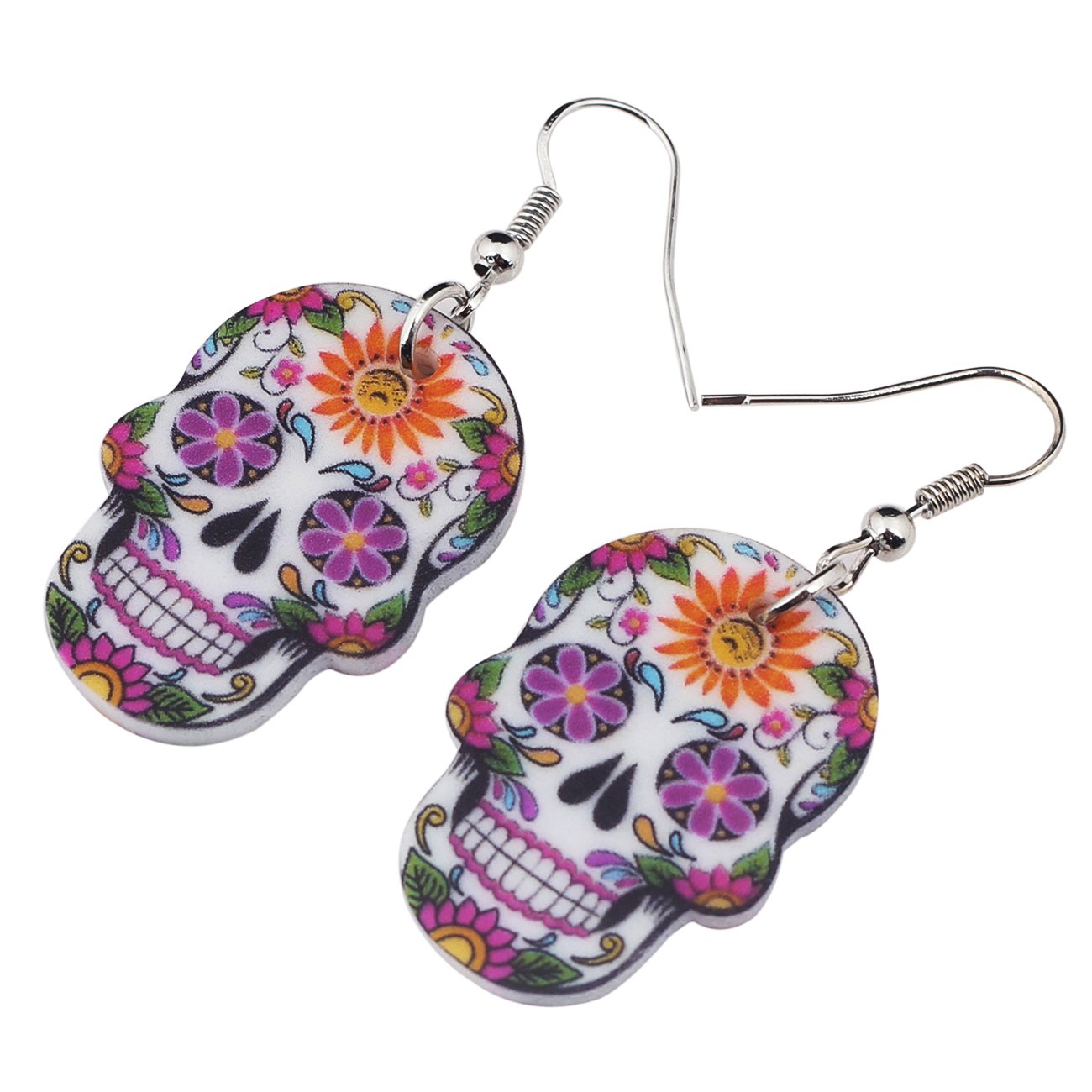 NEWEI Cute Halloween Sugar Skull Earrings Dangle Acrylic Skull Decor Gifts for Women Festival Charms (Purple)