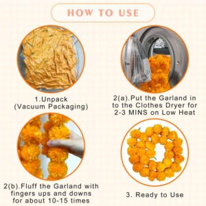 15 PCS Virbant Marigold Garland Golden Yellow | 5ft Long Marigold Flowers Day of The Dead Decorations, Indian Decor for Party and Events, Orange