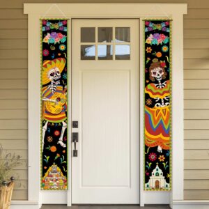 Allenjoy Mexican Day of the Dead Porch Signs Hanging Wall Door Banner Skeleton Guitar Decorations Polyester Wrinkle Free Outdoor 11.8x70.9 Inch Home Decor Events Front Yard Party Supplies 2PCS