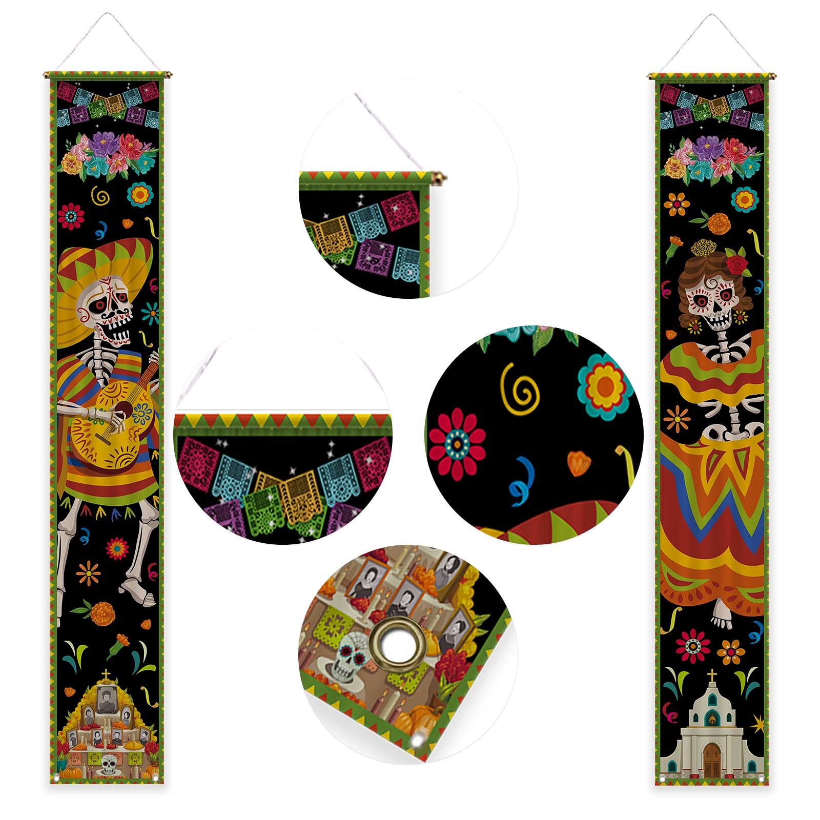 Allenjoy Mexican Day of the Dead Porch Signs Hanging Wall Door Banner Skeleton Guitar Decorations Polyester Wrinkle Free Outdoor 11.8x70.9 Inch Home Decor Events Front Yard Party Supplies 2PCS