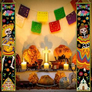 Allenjoy Mexican Day of the Dead Porch Signs Hanging Wall Door Banner Skeleton Guitar Decorations Polyester Wrinkle Free Outdoor 11.8x70.9 Inch Home Decor Events Front Yard Party Supplies 2PCS