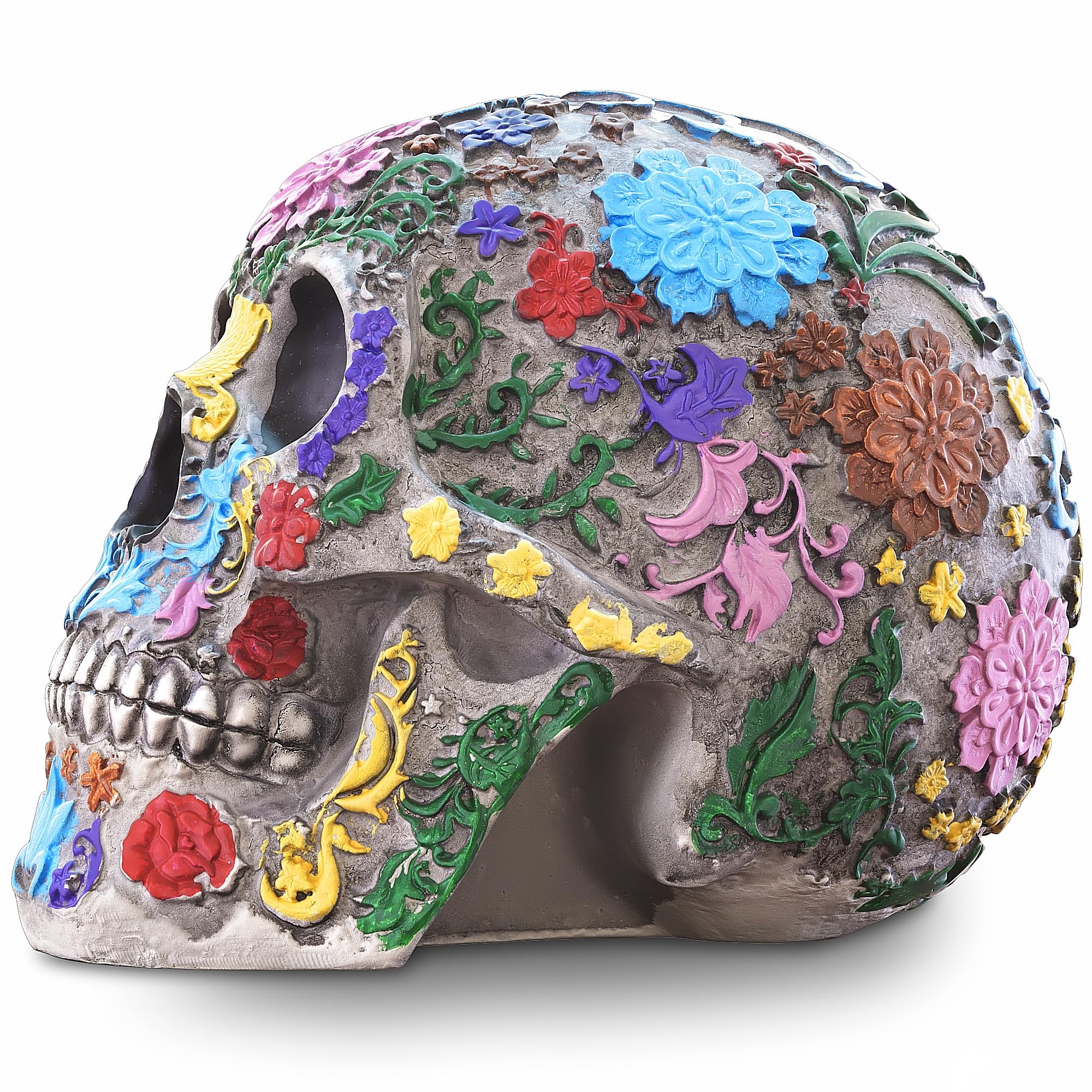 READAEER Life Size Skull Resin Colorful Floral Human Skull Model Adult Head Bone Model Day of The Dead Décor