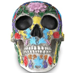 READAEER Life Size Skull Resin Colorful Floral Human Skull Model Adult Head Bone Model Day of The Dead Décor