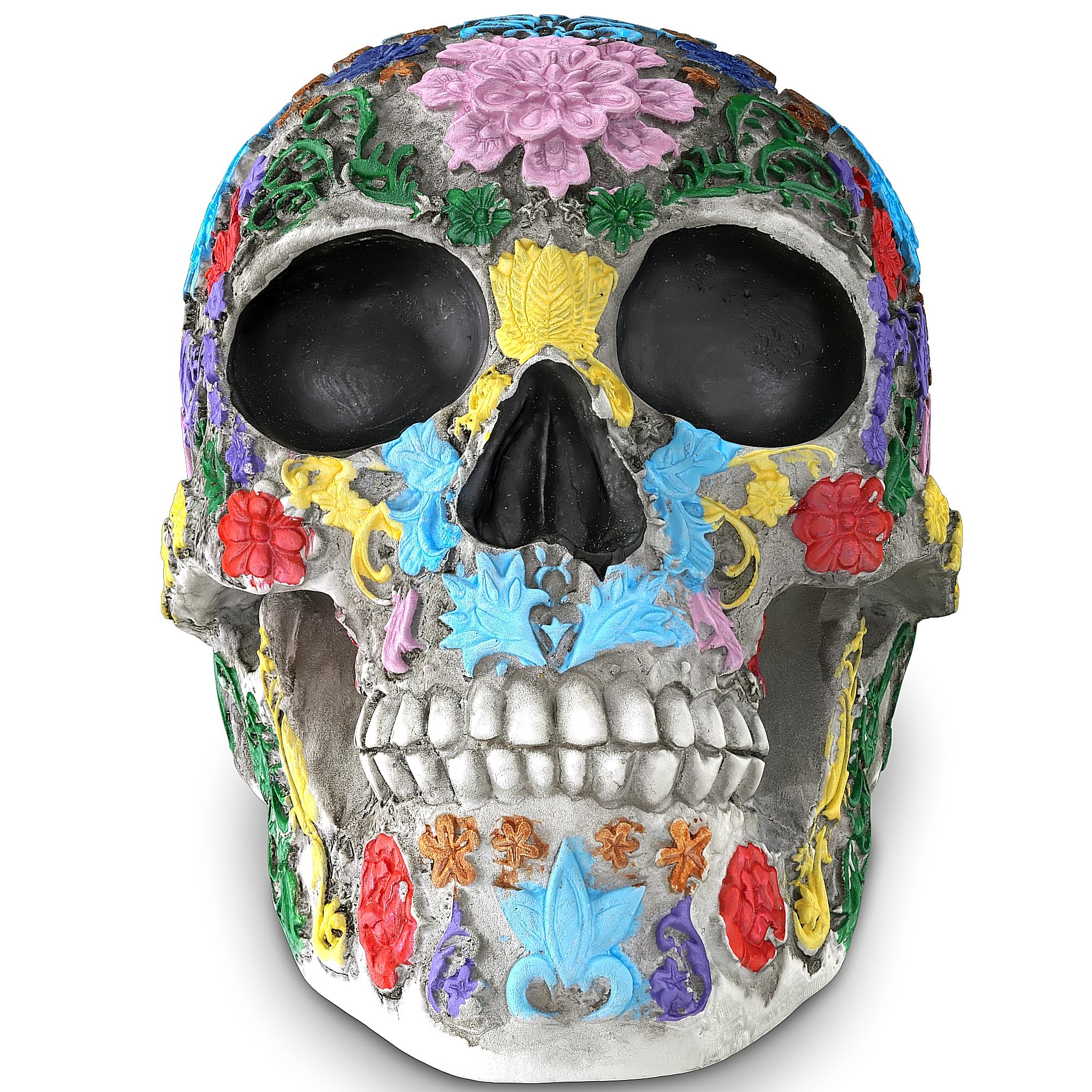 READAEER Life Size Skull Resin Colorful Floral Human Skull Model Adult Head Bone Model Day of The Dead Décor