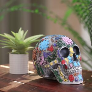 READAEER Life Size Skull Resin Colorful Floral Human Skull Model Adult Head Bone Model Day of The Dead Décor