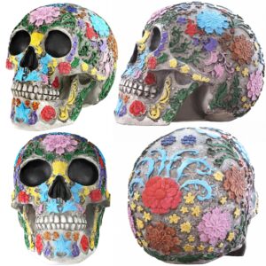 READAEER Life Size Skull Resin Colorful Floral Human Skull Model Adult Head Bone Model Day of The Dead Décor