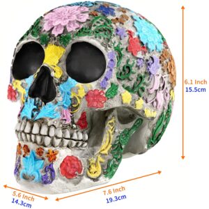 READAEER Life Size Skull Resin Colorful Floral Human Skull Model Adult Head Bone Model Day of The Dead Décor