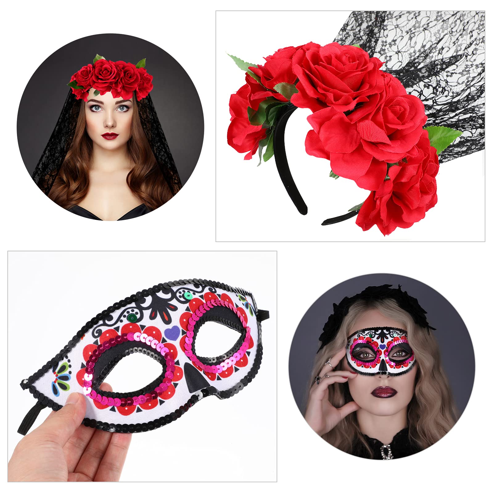 FRCOLOR Day Of The Dead Costumes For Women Day Of The Dead Headpiece Day Of The Dead Mask Black Veil Headband Flower Crown Halloween Costumes For Party Cosplay