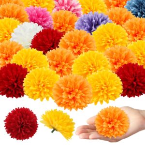 marigold flower heads bulk 40 pcs, faux mexican artificial flowers for day of the dead decorations - diy wreath garland craft indian wedding diwali home dia de los muertos decor halloween(multicolor)