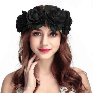 acenail rose flower headbands women floral crown mexican headband gothic day of the dead head band cosplay costume halloween headpieces (flower a-black)