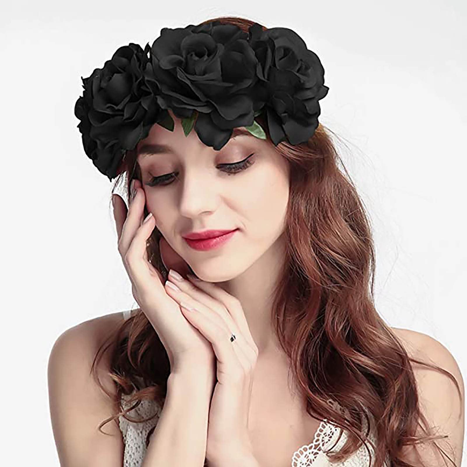 Acenail Rose Flower Headbands Women Floral Crown Mexican Headband Gothic Day of the Dead Head band Cosplay Costume Halloween Headpieces (Flower A-Black)