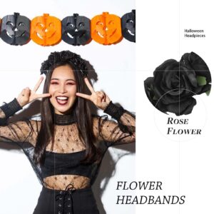 Acenail Rose Flower Headbands Women Floral Crown Mexican Headband Gothic Day of the Dead Head band Cosplay Costume Halloween Headpieces (Flower A-Black)