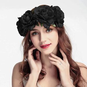 Acenail Rose Flower Headbands Women Floral Crown Mexican Headband Gothic Day of the Dead Head band Cosplay Costume Halloween Headpieces (Flower A-Black)