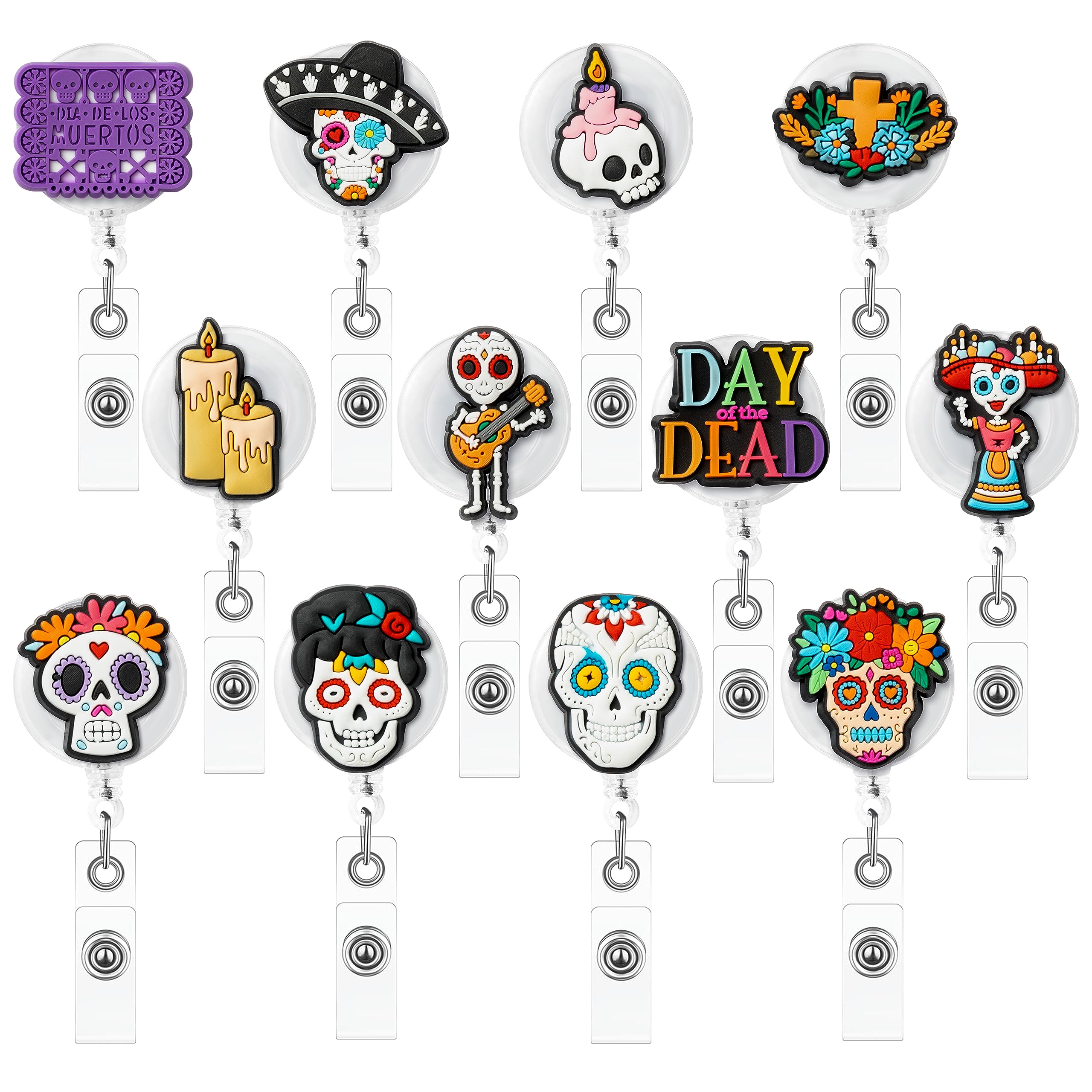 Yopyame 12PCS Day of The Dead Badge Reels Retractable Halloween ID Name Holder with Alligator Clip Sugar Skull Themed Badge Reel 360 Degree Swivel Badge Reel Name Tag for Nurse Doctor Student