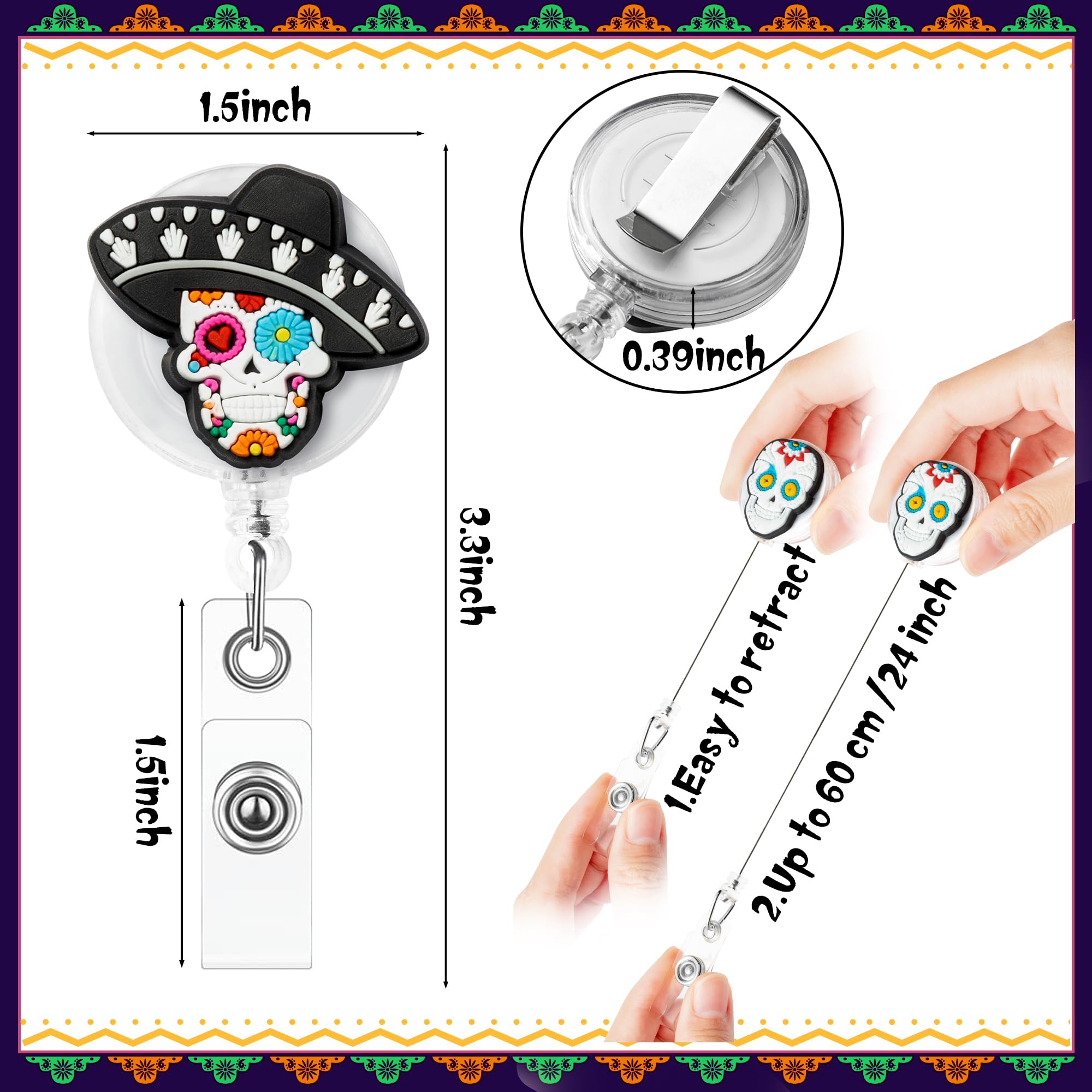 Yopyame 12PCS Day of The Dead Badge Reels Retractable Halloween ID Name Holder with Alligator Clip Sugar Skull Themed Badge Reel 360 Degree Swivel Badge Reel Name Tag for Nurse Doctor Student