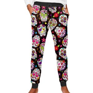 Women Halloween Sugar Skull Pajama Pants Day of The Dead Long Cotton Ankle Drawstring Joggers S