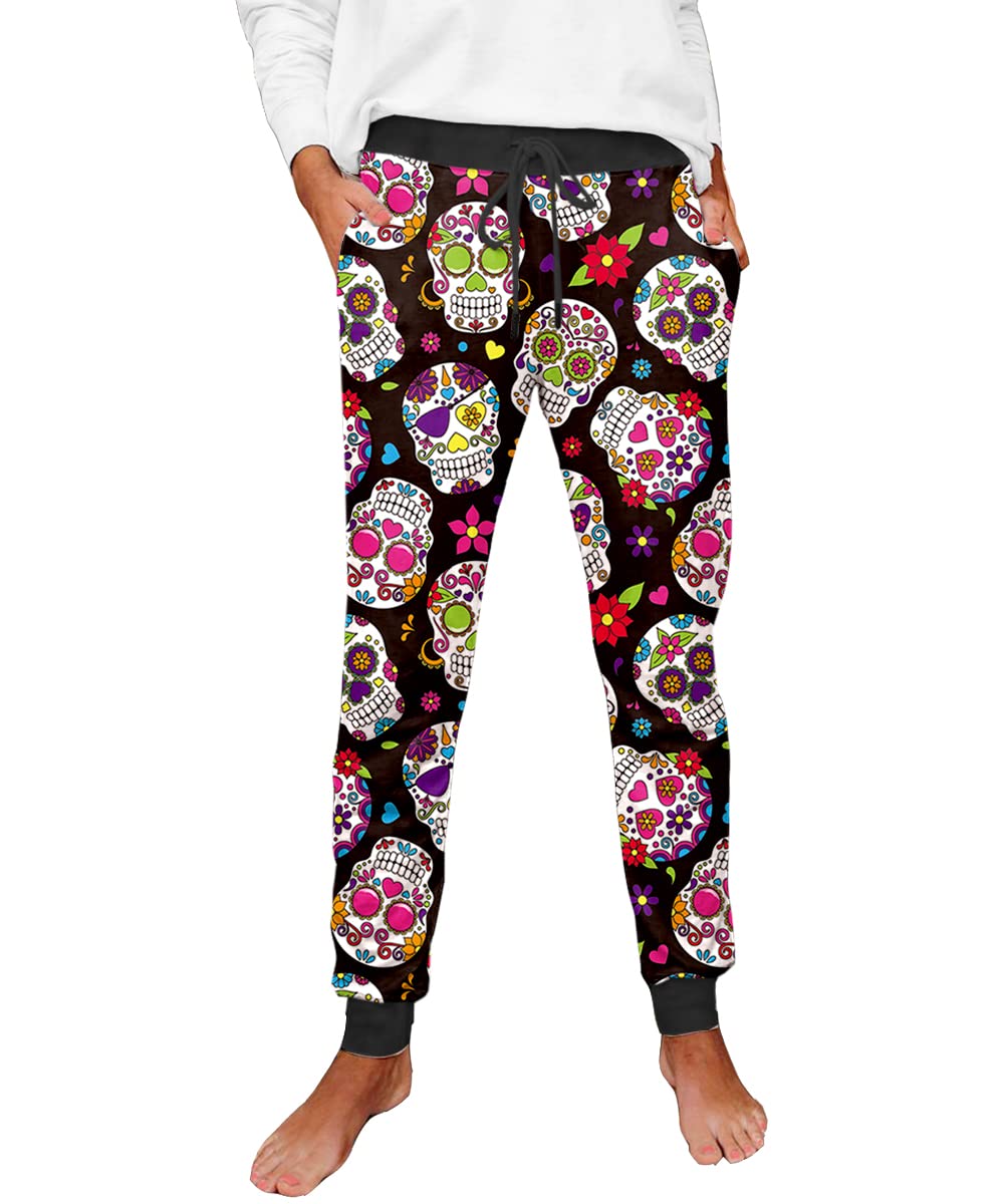 Women Halloween Sugar Skull Pajama Pants Day of The Dead Long Cotton Ankle Drawstring Joggers S