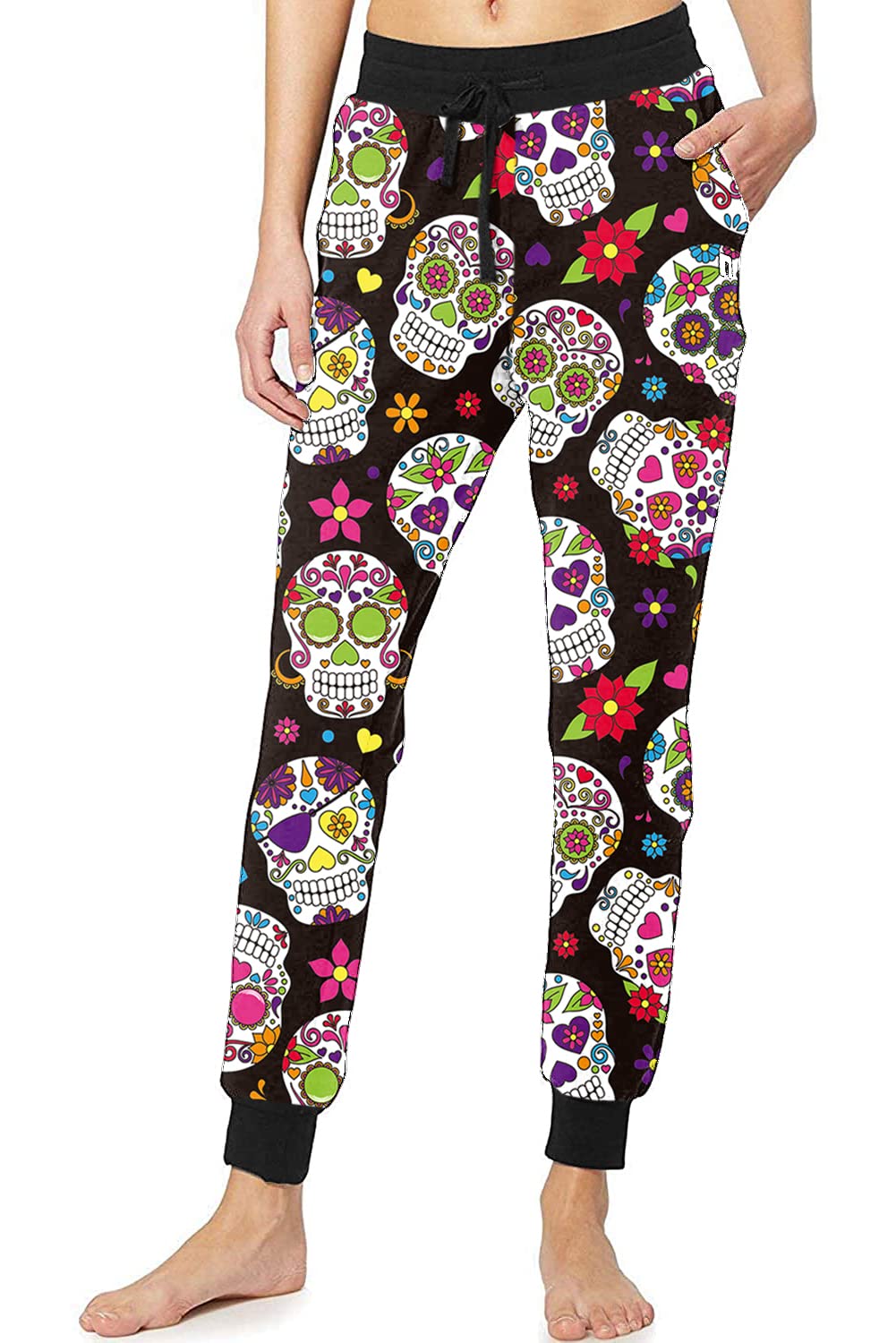 Women Halloween Sugar Skull Pajama Pants Day of The Dead Long Cotton Ankle Drawstring Joggers S