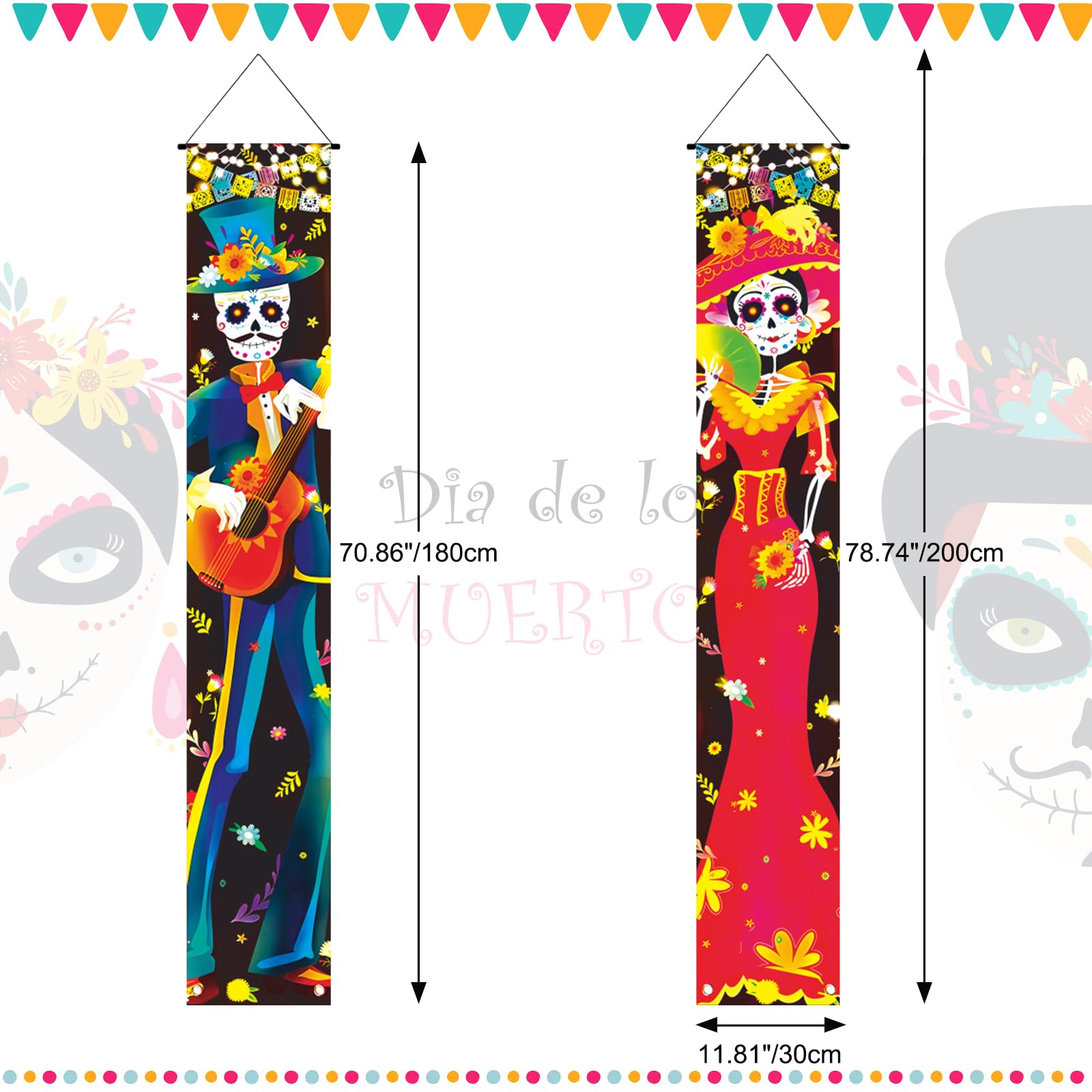 Halloween Decorations Indoor - Dia De Los Muertos decorations - Day of The Dead Porch Sign Door Banner Mexican Party Sugar Skull Decor for Welcome Hanging Banners Home Wall Front Yard Altar Supplies