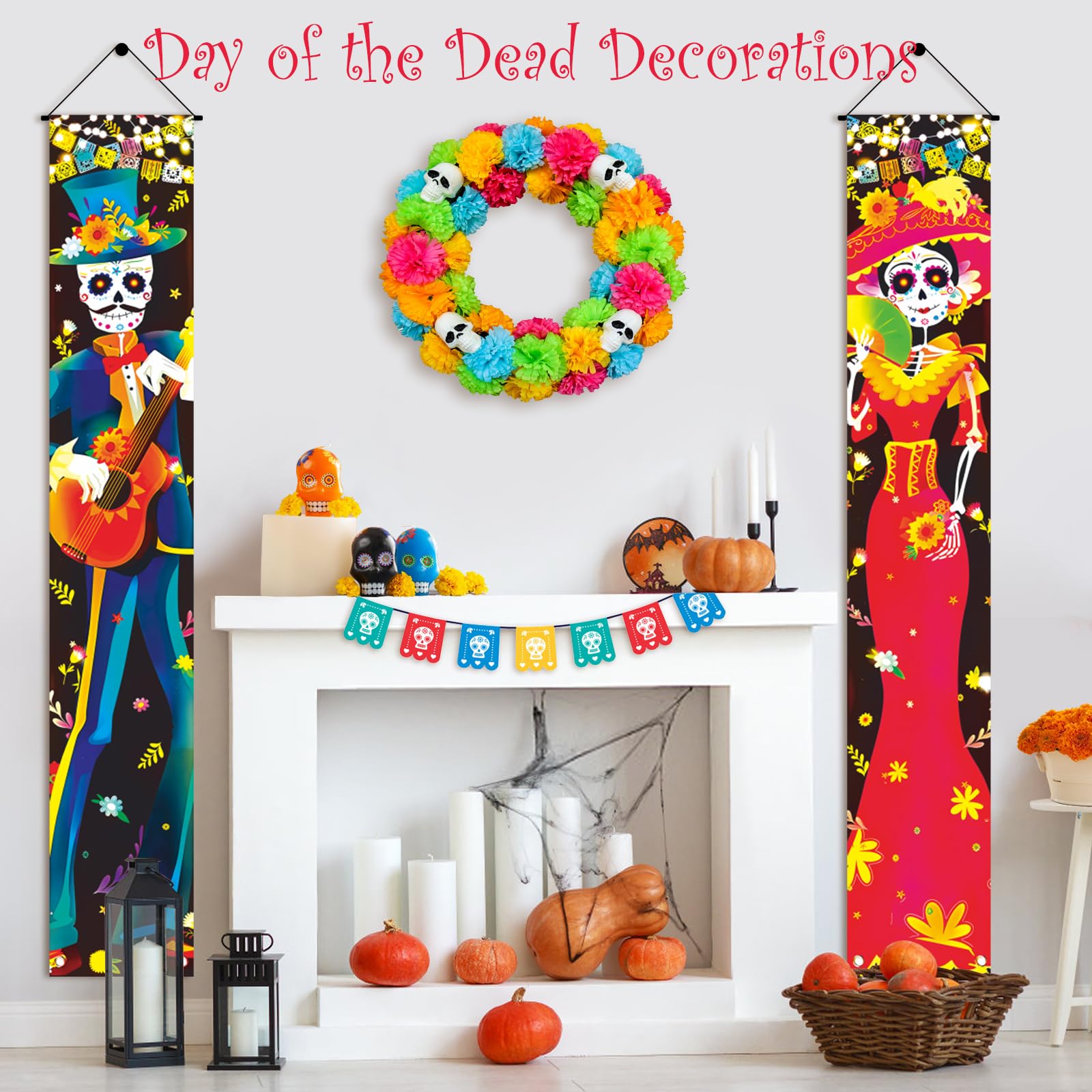 Halloween Decorations Indoor - Dia De Los Muertos decorations - Day of The Dead Porch Sign Door Banner Mexican Party Sugar Skull Decor for Welcome Hanging Banners Home Wall Front Yard Altar Supplies