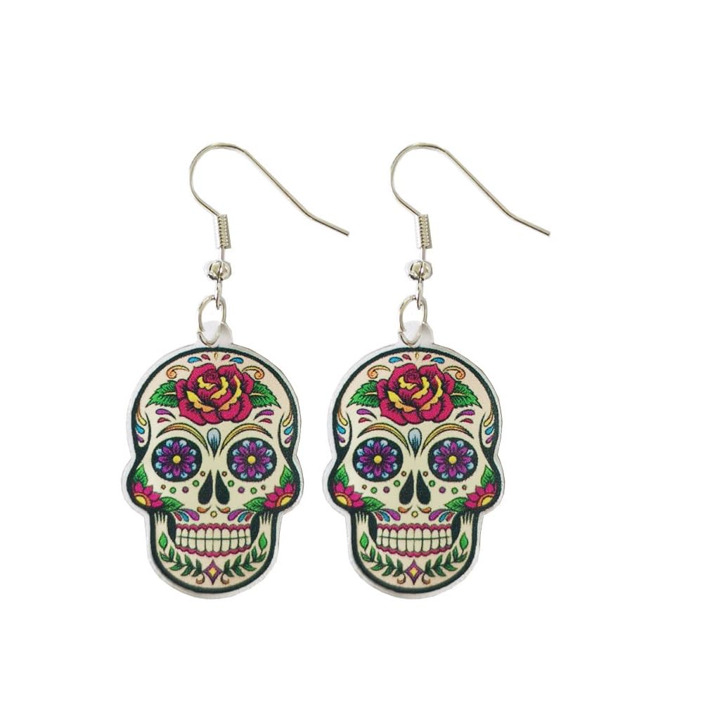 Halloween Mexico Day of The Dead Earrings for Women Girls Acrylic Dangle Drop Sugar Skull Black Cat Earrings Funny Cosplay Festival Jewelry Costume Party Laser Skeleton Horror Accessories (C)