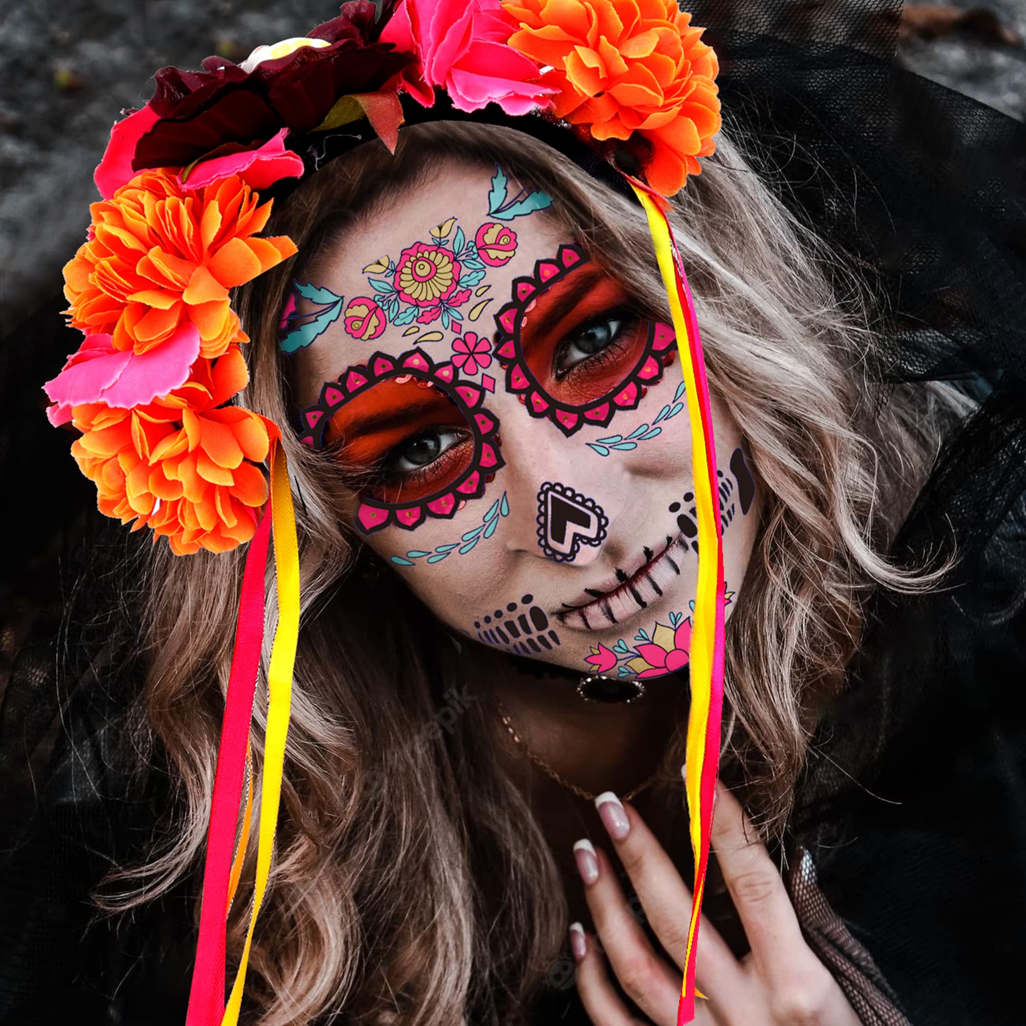 KEPATO 2Pcs Day of The Dead Headband, Mexican Flower Crown Veil Headpiece with Sugar Skull Print Face Tattoo for Women Halloween,Dia De Los Muertos