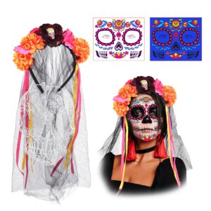 KEPATO 2Pcs Day of The Dead Headband, Mexican Flower Crown Veil Headpiece with Sugar Skull Print Face Tattoo for Women Halloween,Dia De Los Muertos