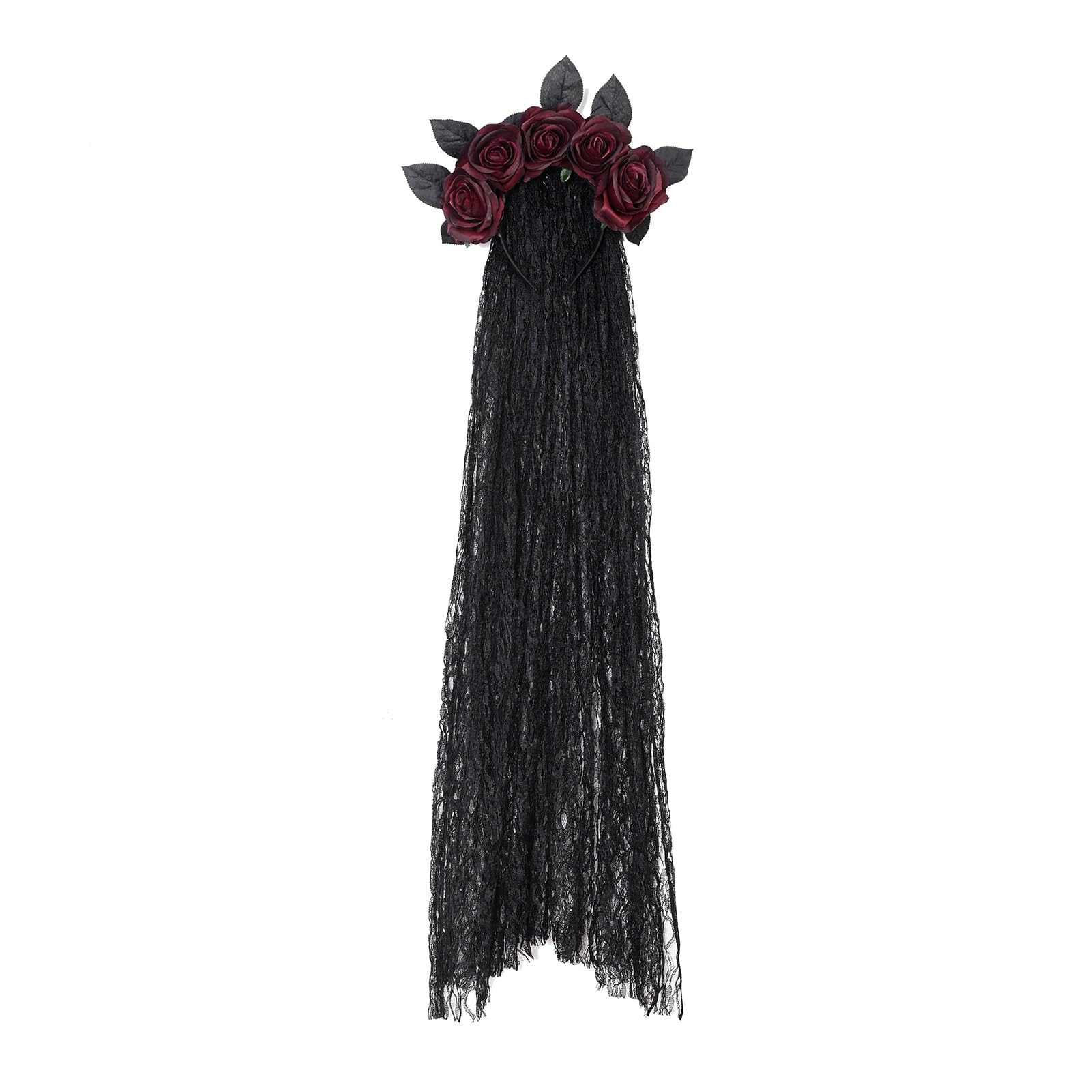 Funsveta Halloween Headband Day of The Dead Headpiece Flower Hairband Party Festival Fancy Dress Cosplay (Black Burgundy)