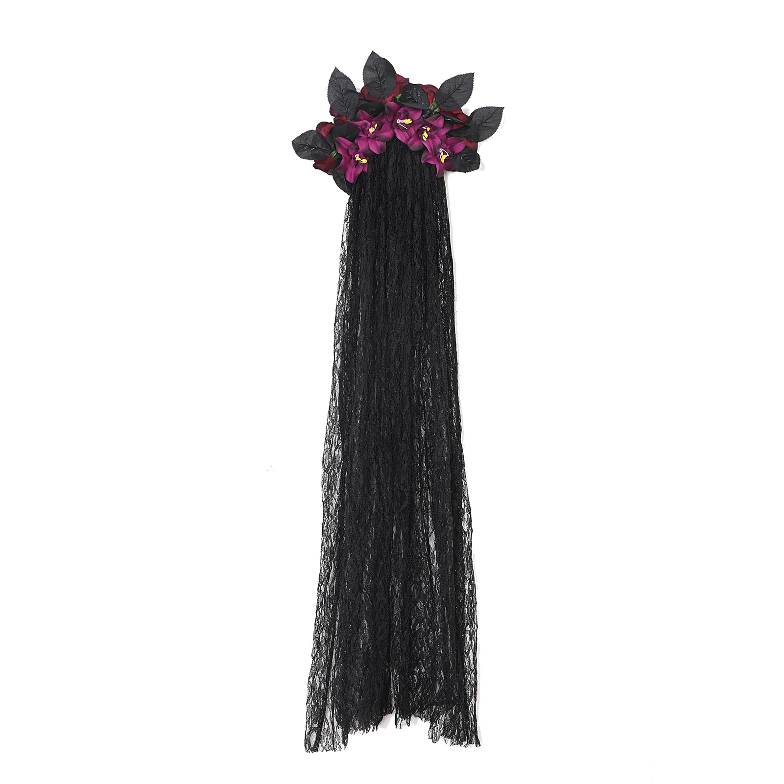 Funsveta Halloween Headband Day of The Dead Headpiece Flower Hairband Party Festival Fancy Dress Cosplay (Black Burgundy)