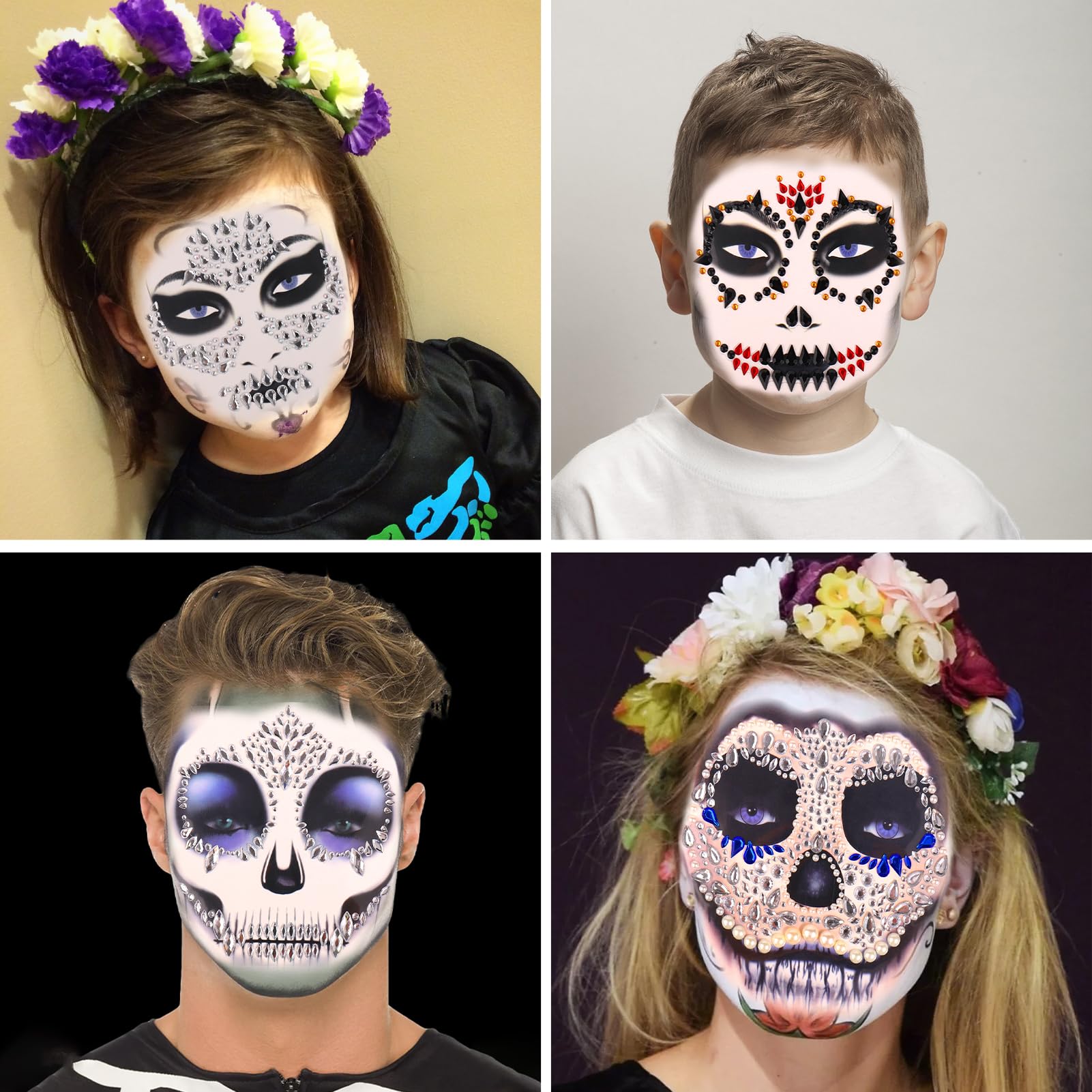 Vodolo Halloween Face Jewels Stickers,Hallowen Face Gems Decorations,Day of The Dead Skull Temporary Face Tattoos,Face Makeup Rhinestone Stick on for Adults and Kids