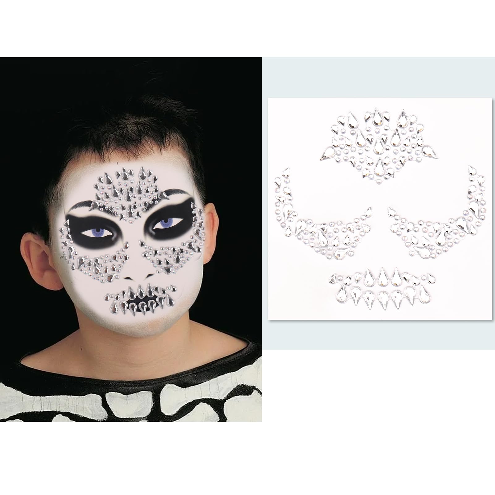 Vodolo Halloween Face Jewels Stickers,Hallowen Face Gems Decorations,Day of The Dead Skull Temporary Face Tattoos,Face Makeup Rhinestone Stick on for Adults and Kids