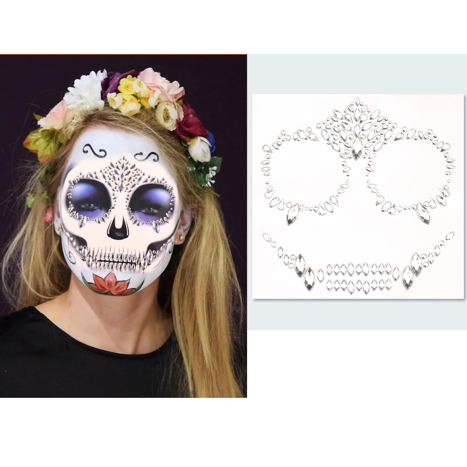 Vodolo Halloween Face Jewels Stickers,Hallowen Face Gems Decorations,Day of The Dead Skull Temporary Face Tattoos,Face Makeup Rhinestone Stick on for Adults and Kids