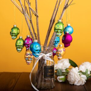 Watayo 12 PCS Day of The Dead Glass Ornaments-Dia De Los Muertos Sugar Skull Ornaments-Halloween Hanging Skeleton Head Decorations for Party Xmas Tree Decoration