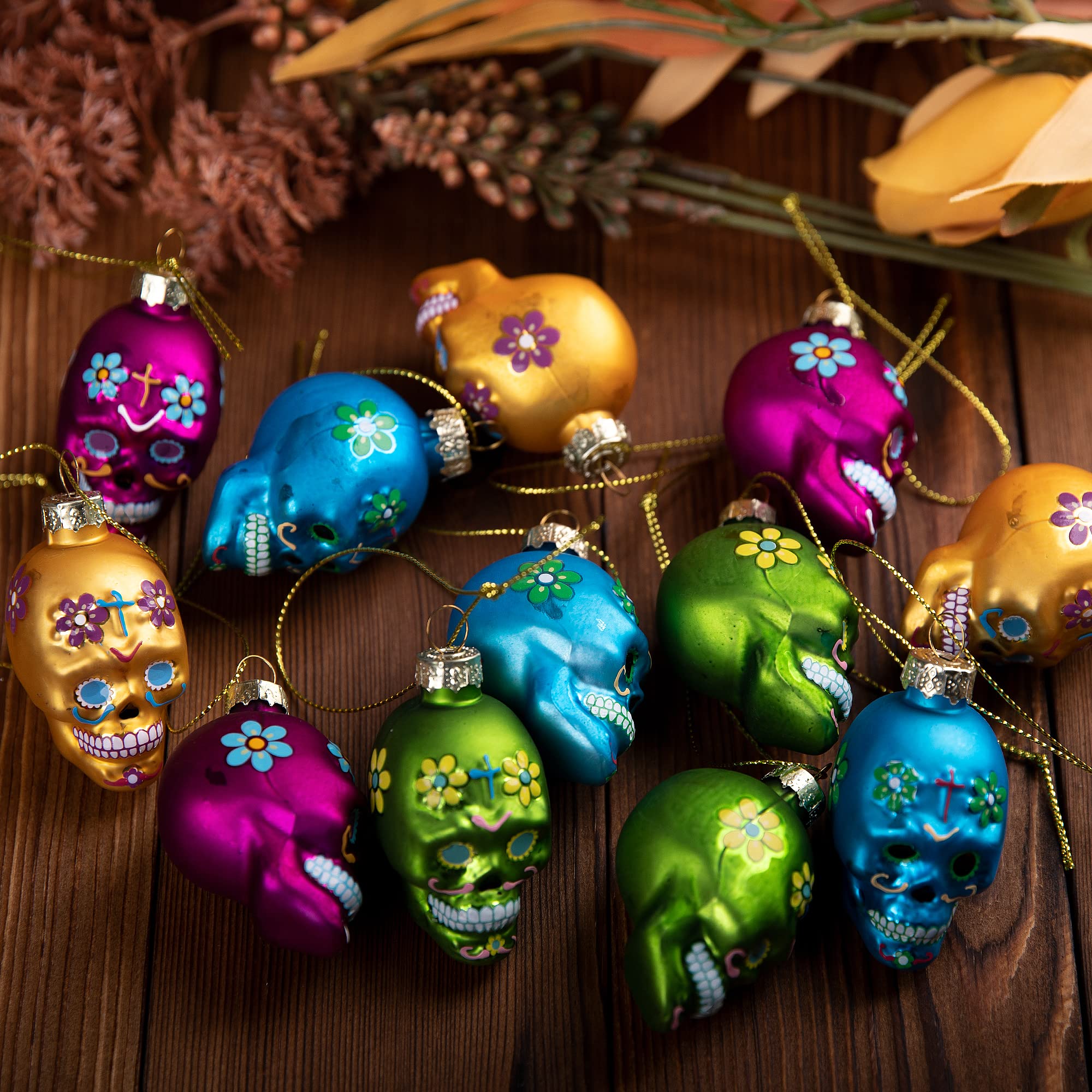 Watayo 12 PCS Day of The Dead Glass Ornaments-Dia De Los Muertos Sugar Skull Ornaments-Halloween Hanging Skeleton Head Decorations for Party Xmas Tree Decoration