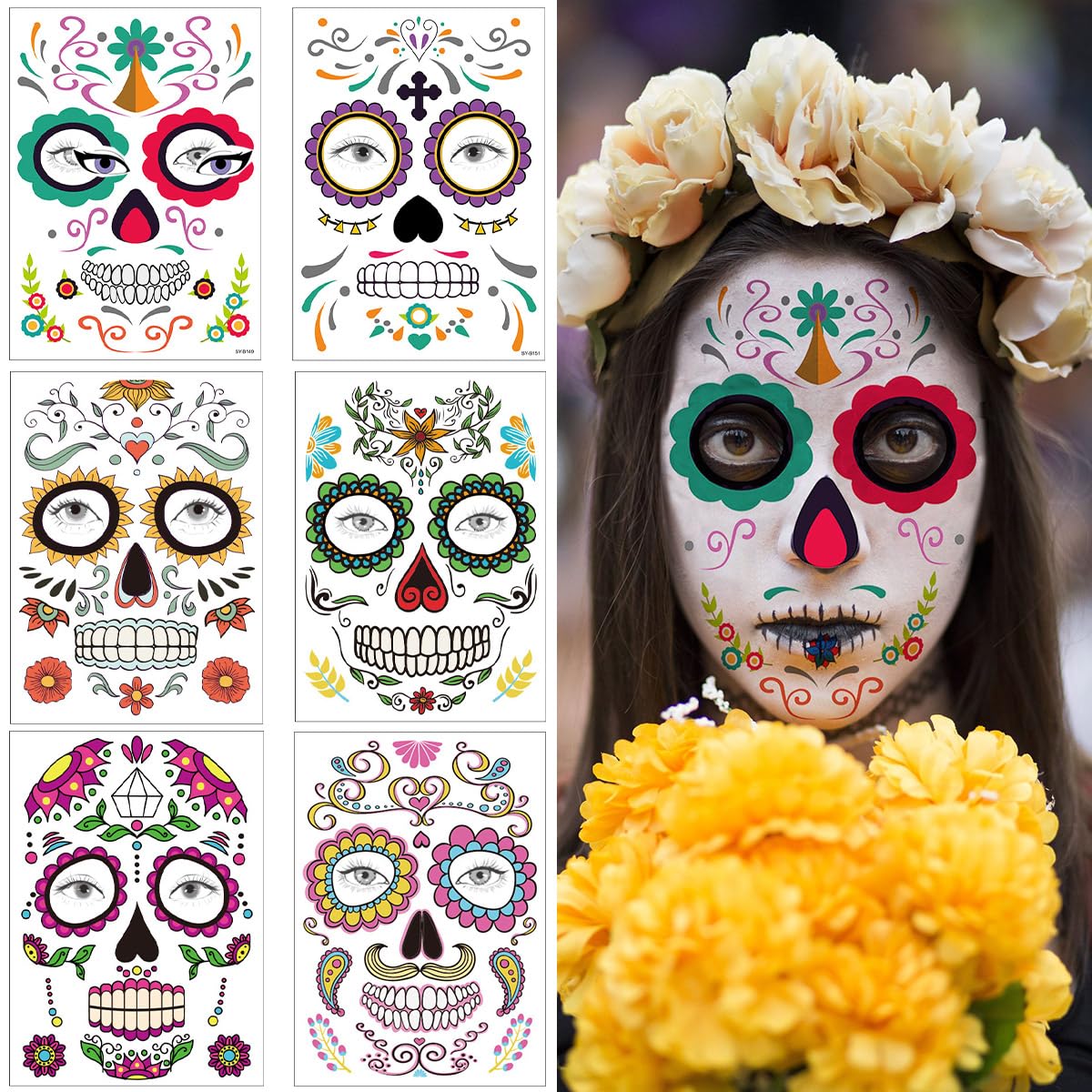 2023 Halloween Temporary Face Tattoo Sticker, Day of The Dead Full Face Makeup for Party Costume Sugar Skull Floral Skeleton Web Red Roses Tattoos(Style B)