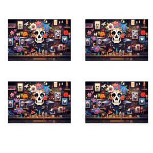 Day of The Dead Halloween Placemats Mexican Style Table Mats Colorful Flower Skull Table Placemat Dinner Mats for Dia De Los Muertos Halloween Home Kitchen Supplies, 4Pc