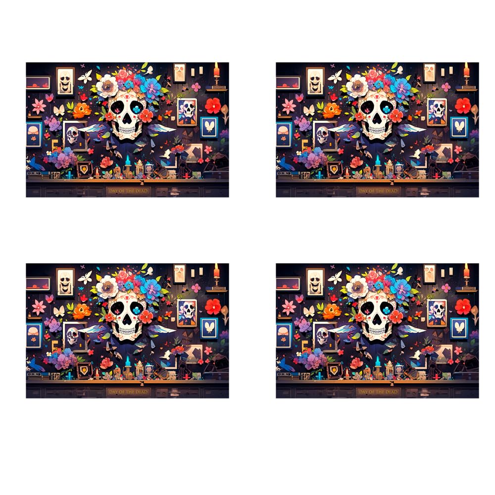 Day of The Dead Halloween Placemats Mexican Style Table Mats Colorful Flower Skull Table Placemat Dinner Mats for Dia De Los Muertos Halloween Home Kitchen Supplies, 4Pc