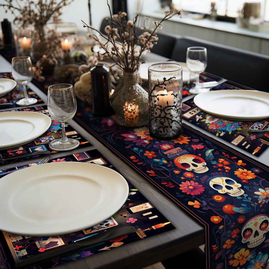 Day of The Dead Halloween Placemats Mexican Style Table Mats Colorful Flower Skull Table Placemat Dinner Mats for Dia De Los Muertos Halloween Home Kitchen Supplies, 4Pc