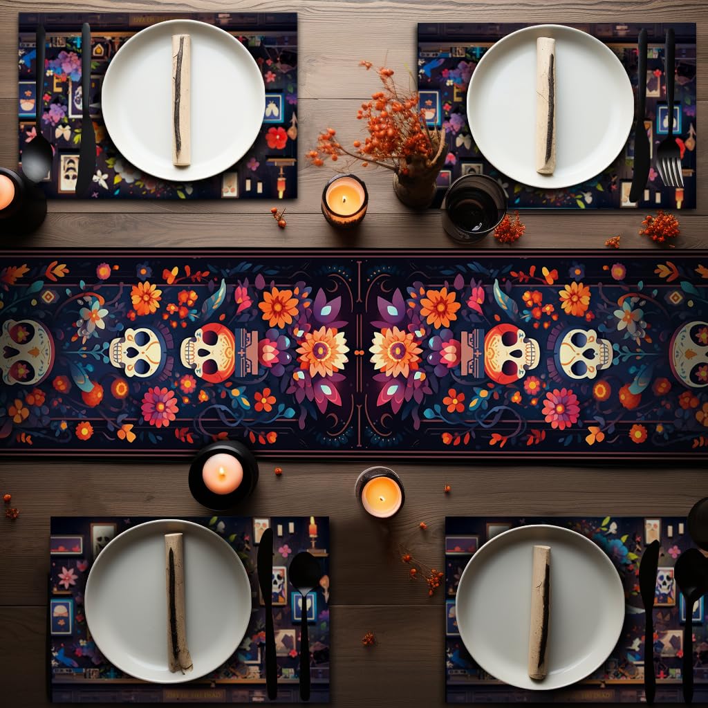 Day of The Dead Halloween Placemats Mexican Style Table Mats Colorful Flower Skull Table Placemat Dinner Mats for Dia De Los Muertos Halloween Home Kitchen Supplies, 4Pc