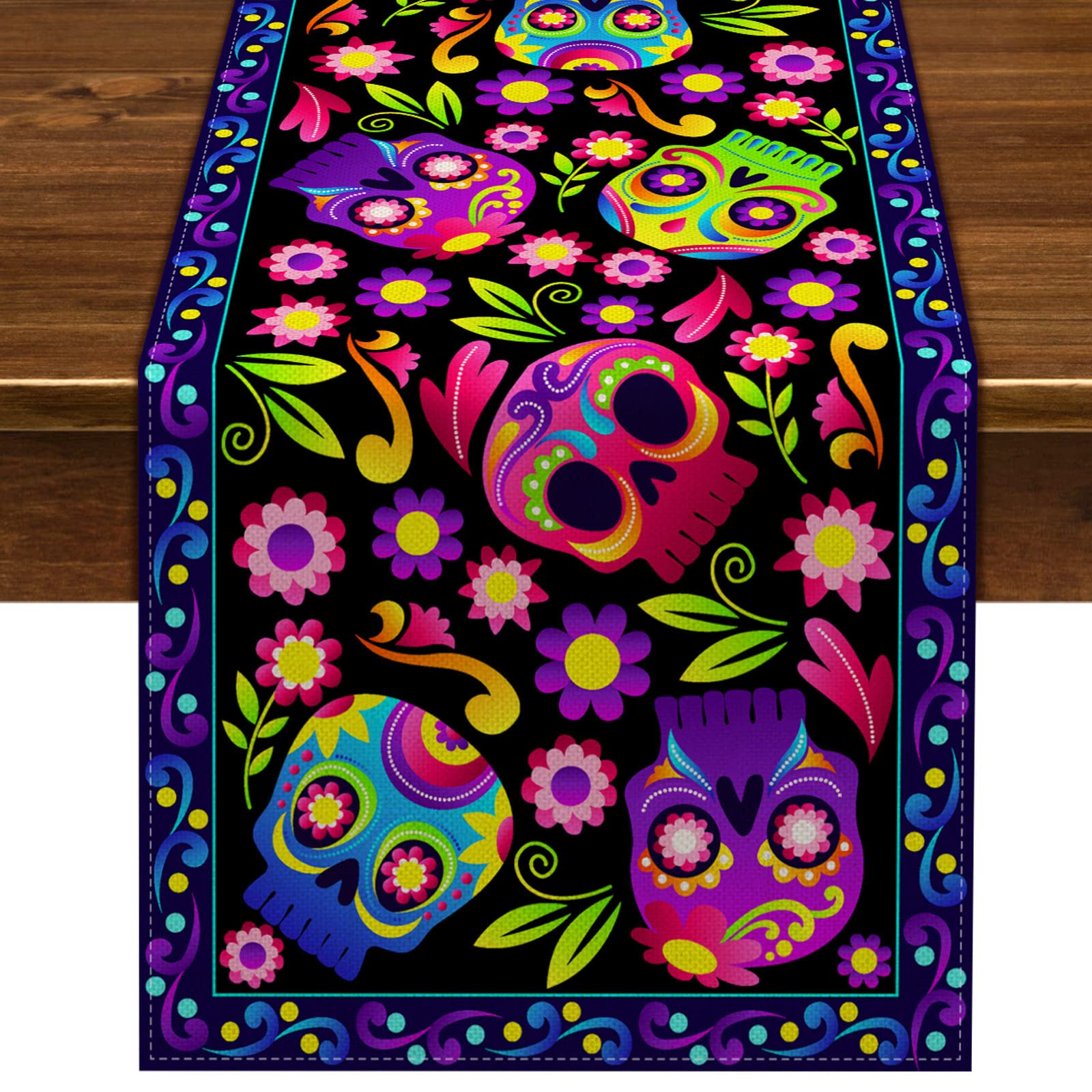 Nepnuser Day of The Dead Table Runner Sugar Skull Dia De Los Muertos Decoration Mexican Fiesta Halloween Theme Party Supply Linen Kitchen Dining Room Home Decor (13" x 72")