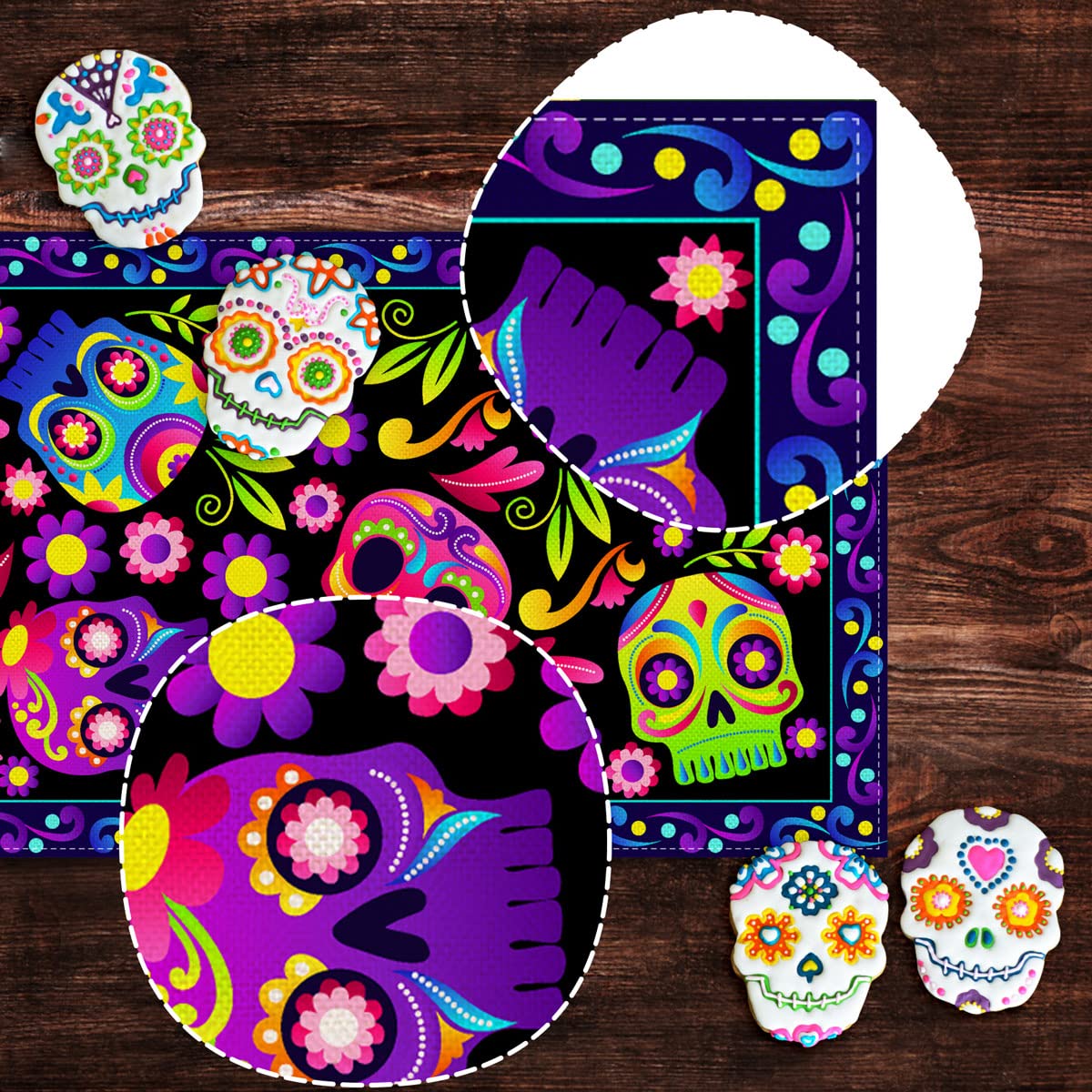 Nepnuser Day of The Dead Table Runner Sugar Skull Dia De Los Muertos Decoration Mexican Fiesta Halloween Theme Party Supply Linen Kitchen Dining Room Home Decor (13" x 72")