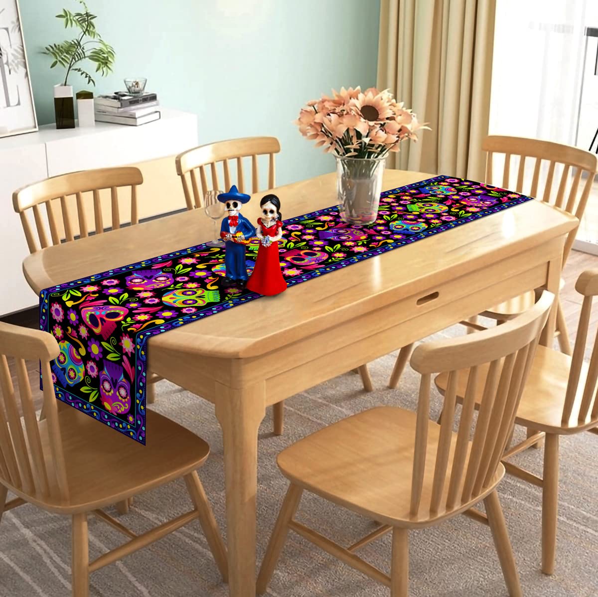 Nepnuser Day of The Dead Table Runner Sugar Skull Dia De Los Muertos Decoration Mexican Fiesta Halloween Theme Party Supply Linen Kitchen Dining Room Home Decor (13" x 72")